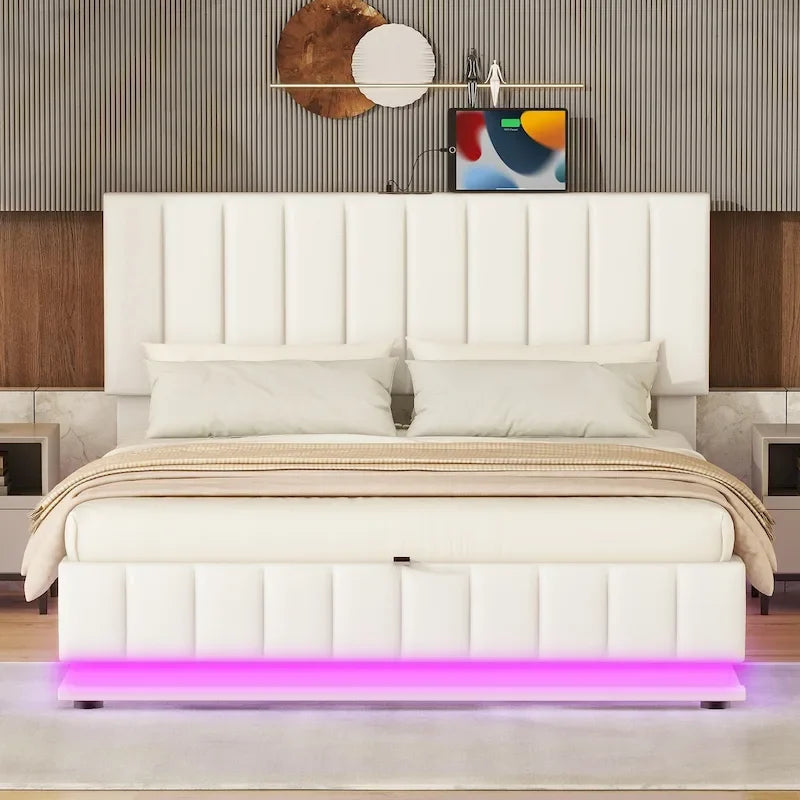 Cadre de lit plateforme relevable avec rangement, lit bas rembourré en cuir PU avec lumières LED télécommandées, prises et ports USB