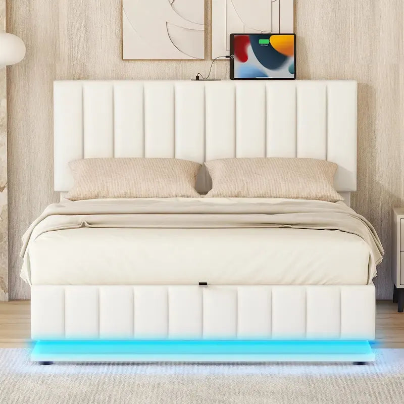 Lift Up Storage Platform Bed Frame, PU Leather Upholstered Low Profile Bed with Remote Control LED Lights, Sockets, USB Ports