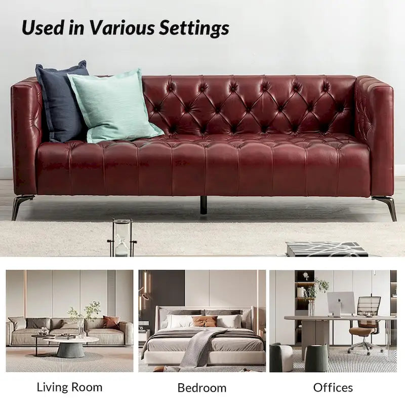 Canapé de transition en cuir véritable avec pieds en métal et dossier capitonné