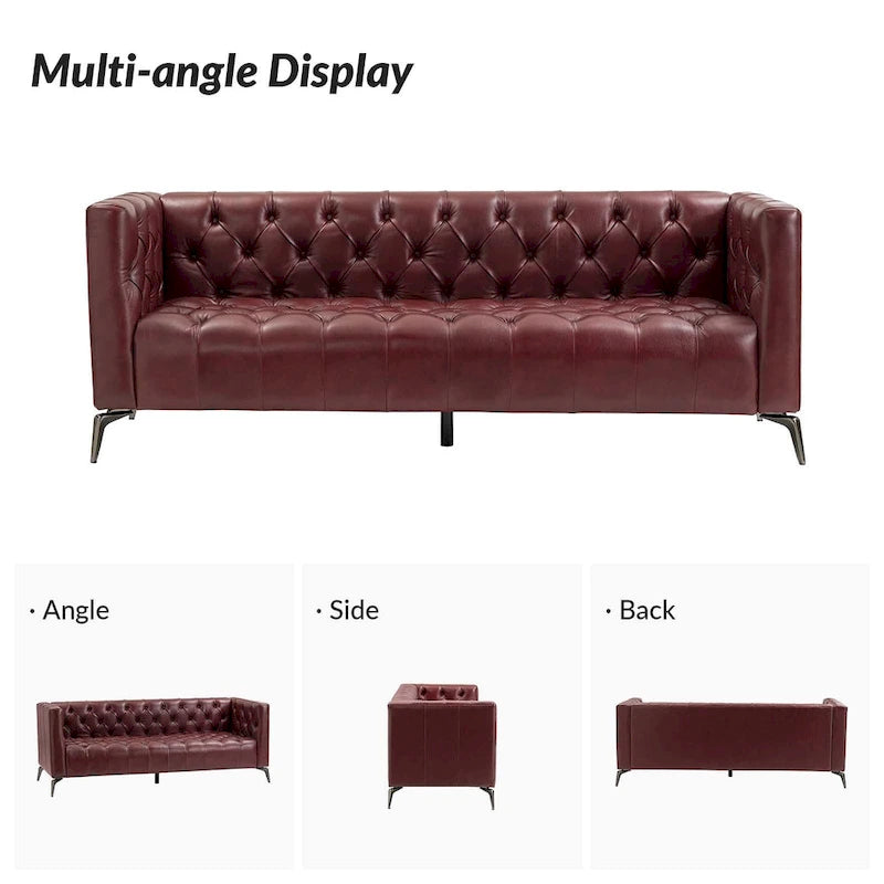 Canapé de transition en cuir véritable avec pieds en métal et dossier capitonné