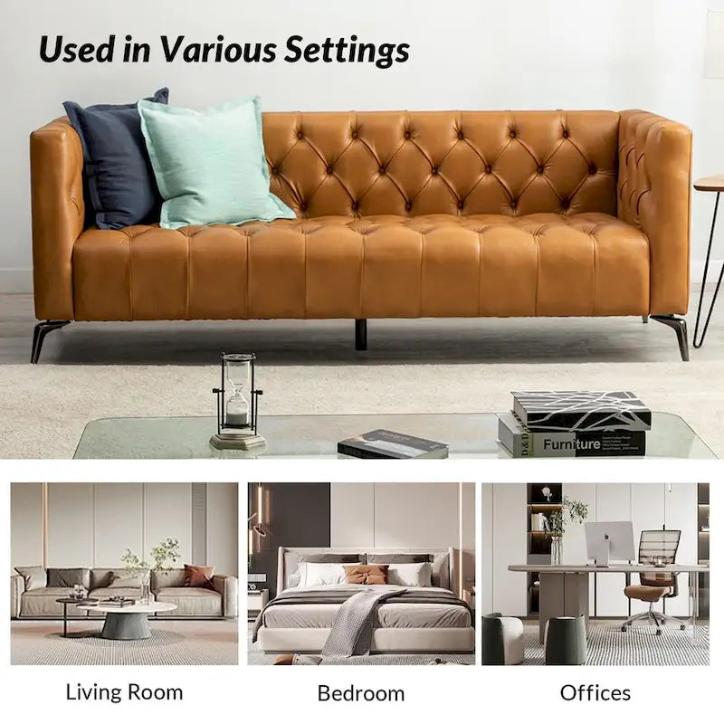 Canapé de transition en cuir véritable avec pieds en métal et dossier capitonné