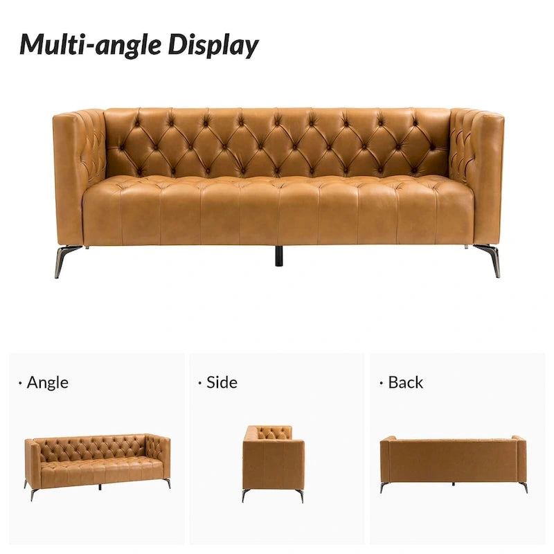 Canapé de transition en cuir véritable avec pieds en métal et dossier capitonné