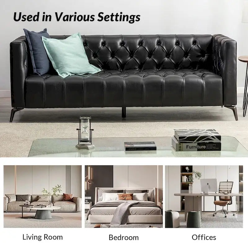 Canapé de transition en cuir véritable avec pieds en métal et dossier capitonné