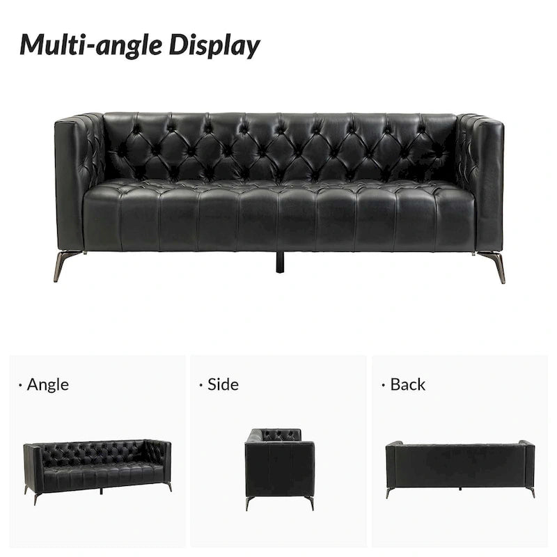 Canapé de transition en cuir véritable avec pieds en métal et dossier capitonné