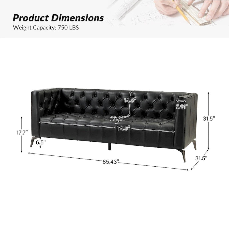 Canapé de transition en cuir véritable avec pieds en métal et dossier capitonné