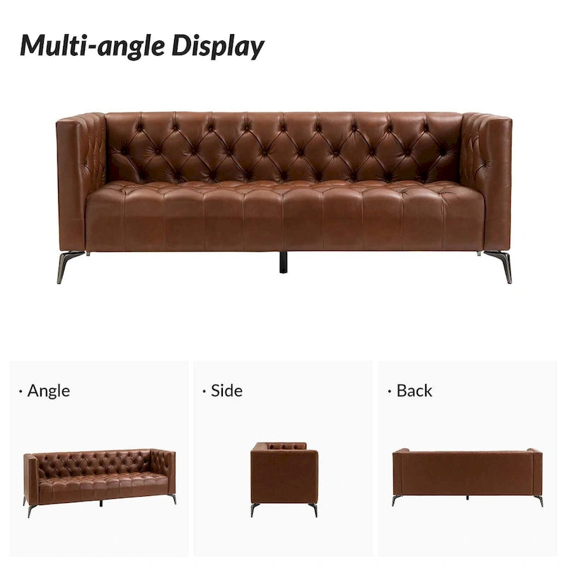 Canapé de transition en cuir véritable avec pieds en métal et dossier capitonné