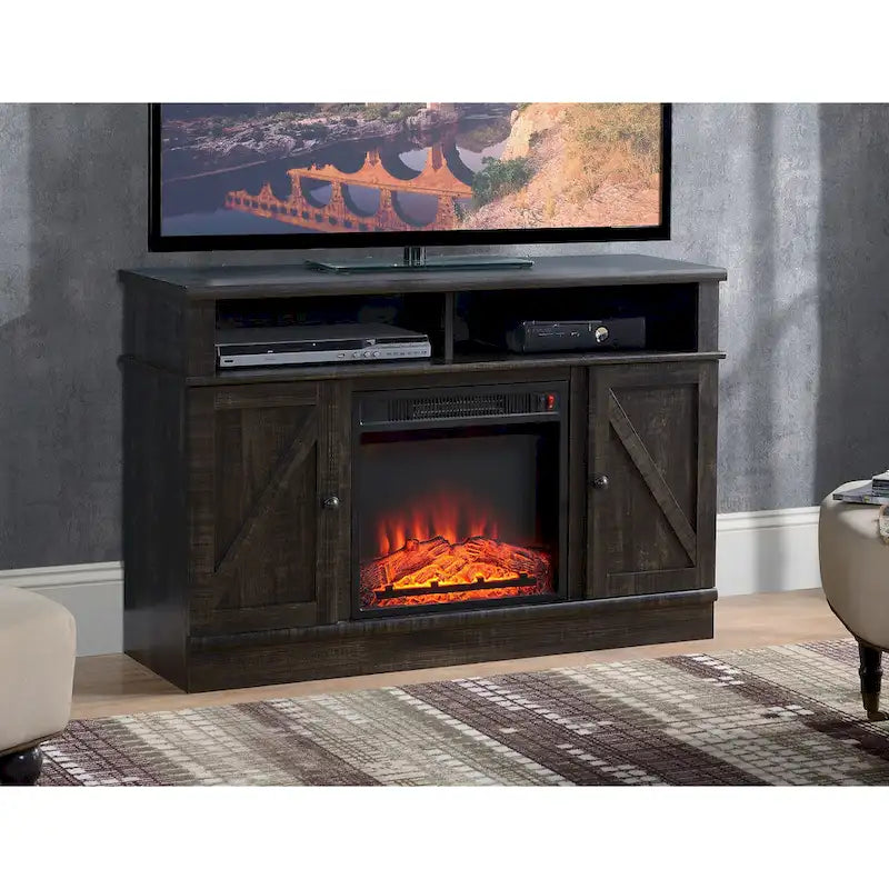 Rustic Dark Wood TV Stand With Fireplace