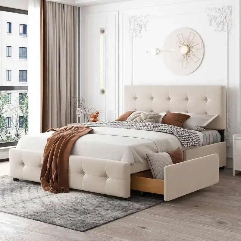 Upholstered Queen Size Platform Bed with 4 Drawers & Classic Headboard Design,Linen Fabric Bedframe