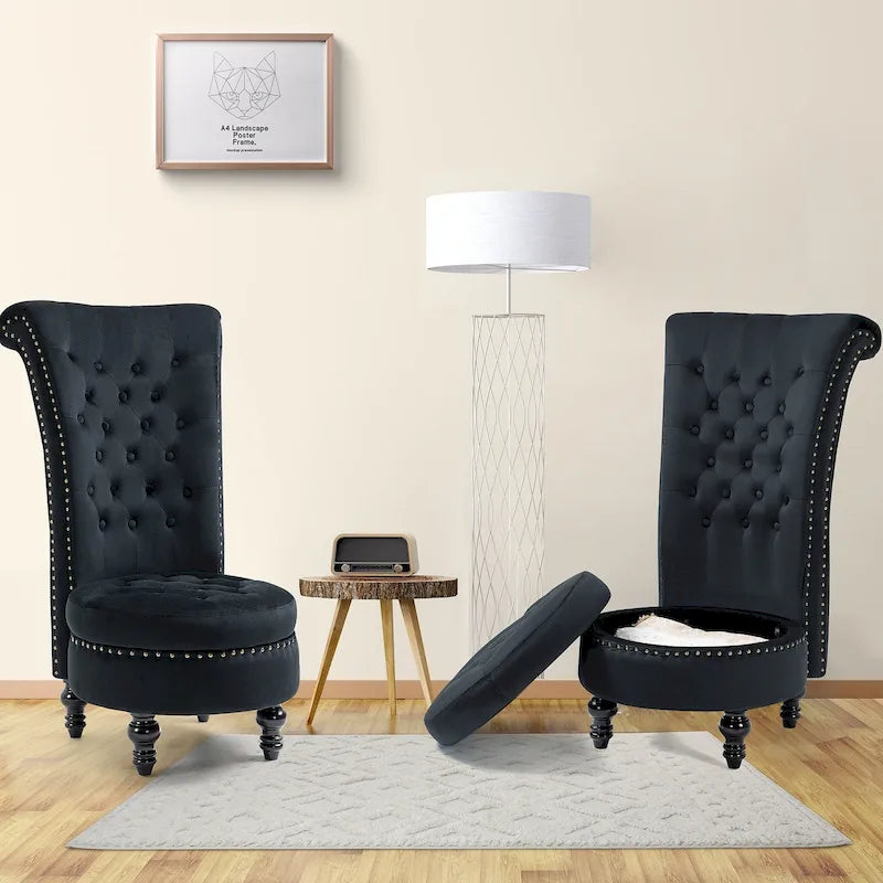 Lot de 2 Chaises Trône Dossier Haut en Velours sans Accoudoirs Fauteuil d'Appoint Royal avec Rangement