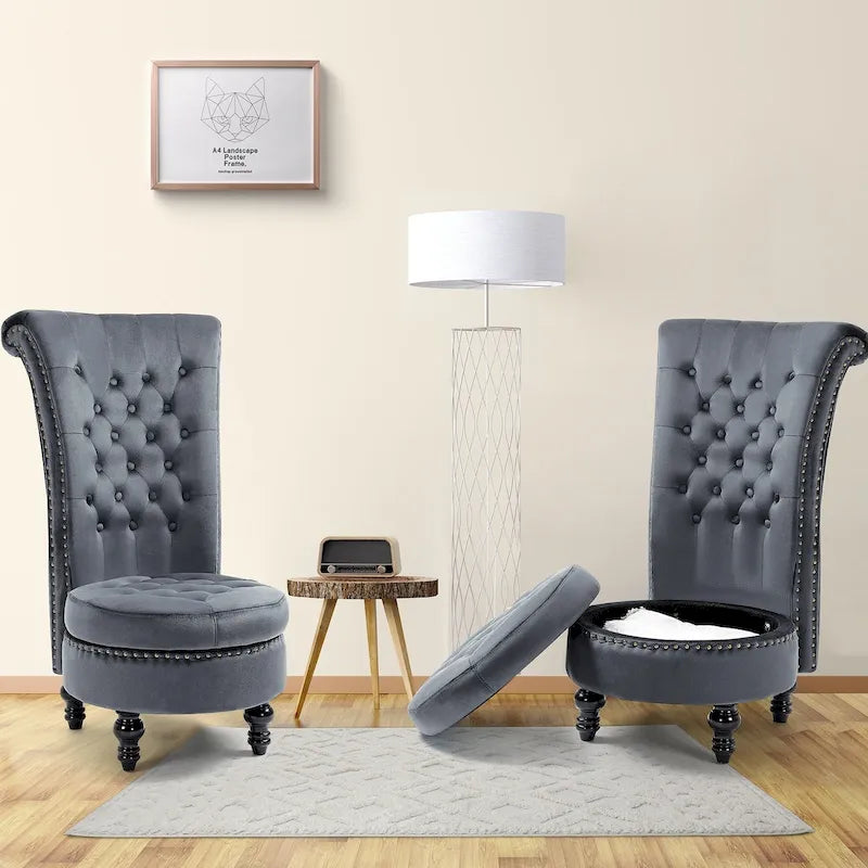 Lot de 2 Chaises Trône Dossier Haut en Velours sans Accoudoirs Fauteuil d'Appoint Royal avec Rangement