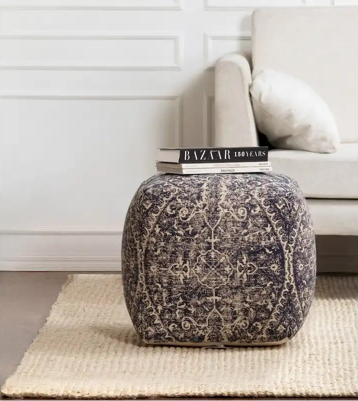 Jani Hanalei 20-inch Blue & Ivory Square Pouf Ottoman - Handmade Footrest for Living Room, Bedroom, Nursery, Kidsroom